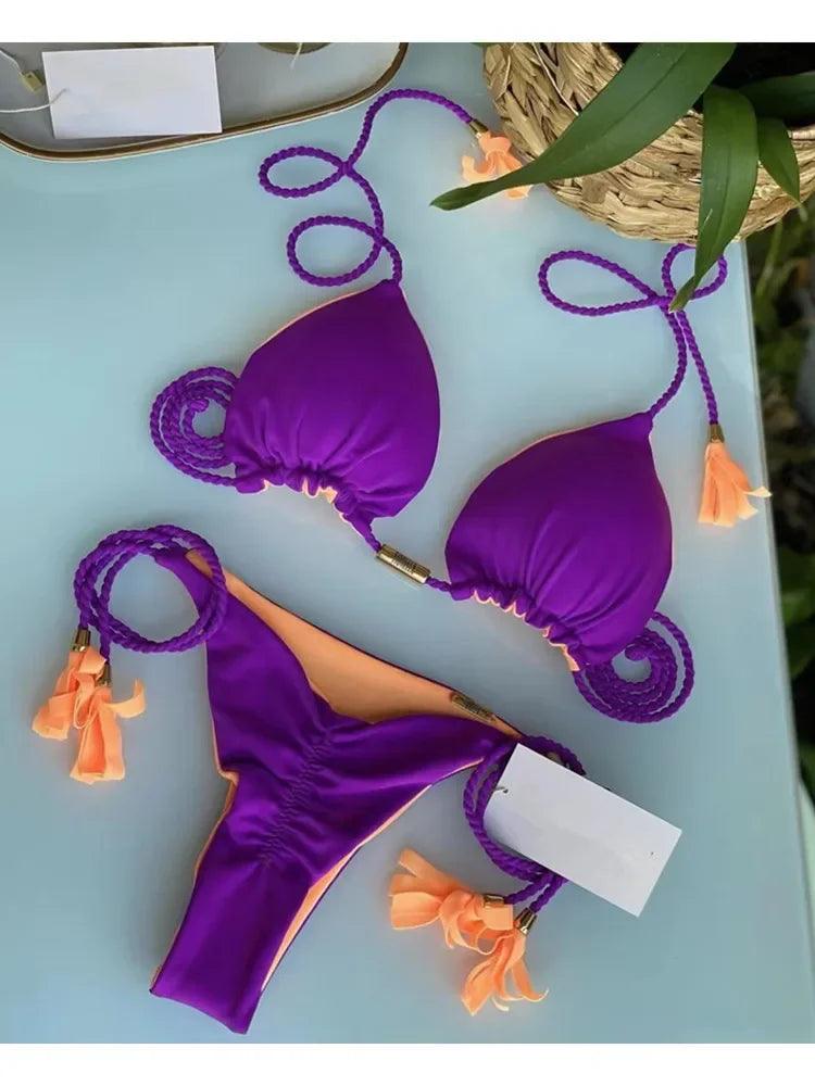 conjunto de biquíni roxo e laranja vibrante