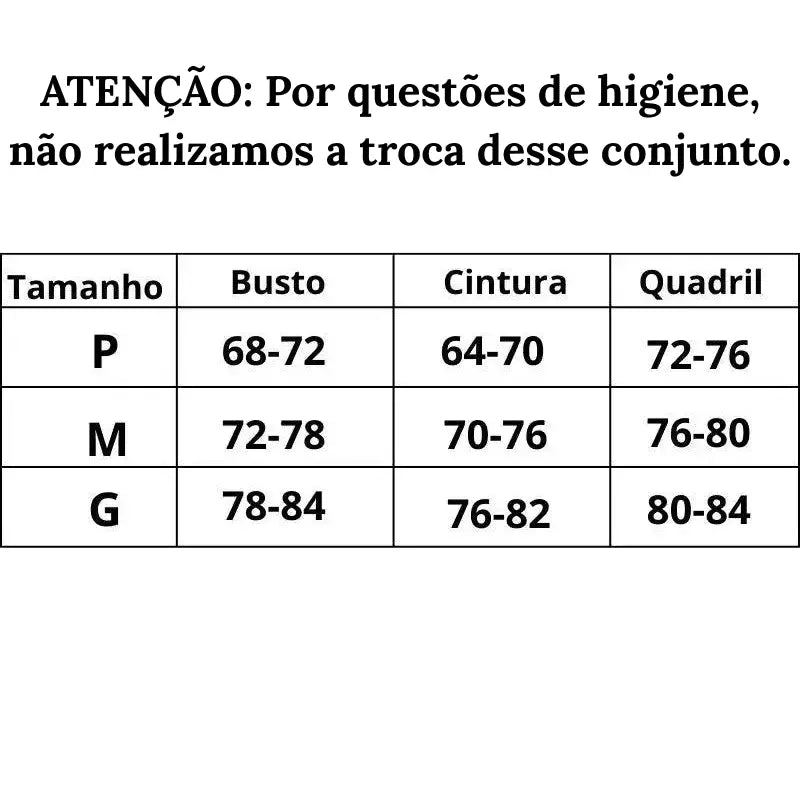 Esta imagem mostra uma tabela de tamanhos com medidas de busto, cintura e quadris em centímetros