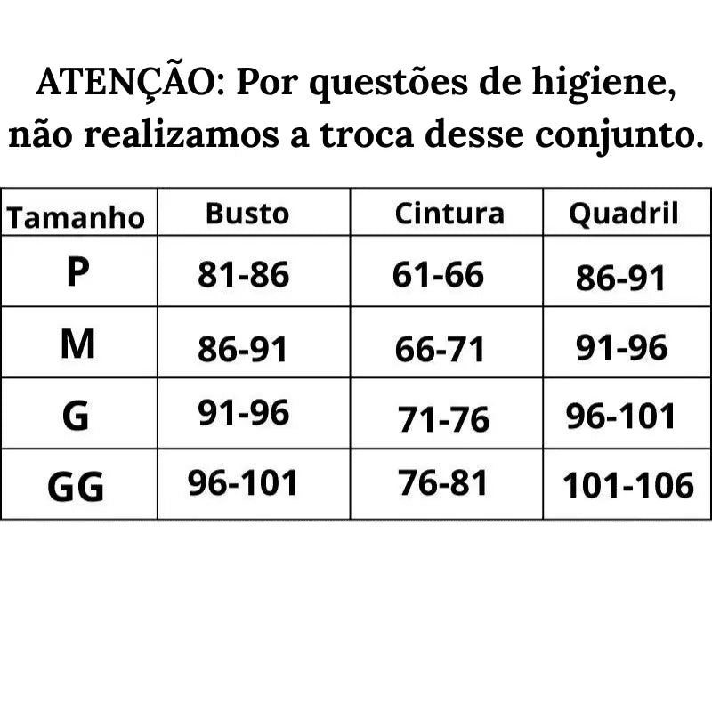 Tabela de Medidas Biquiní Summer Chic do P ao GG