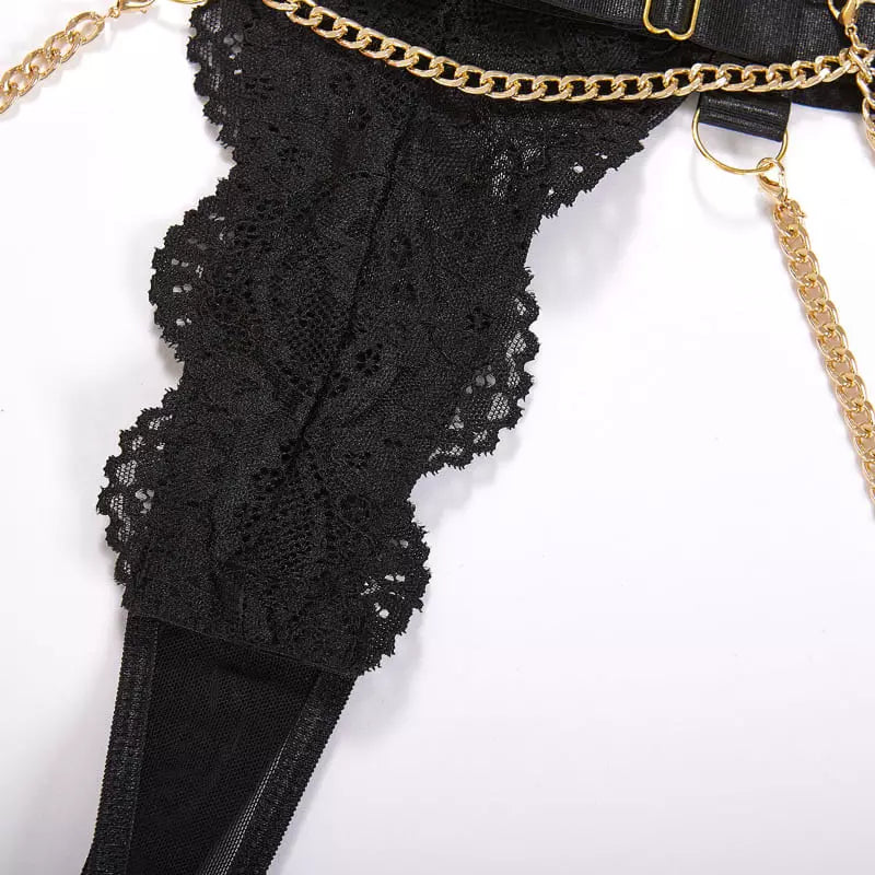 Calcinha preta com renda e corrente dourada - lingerie feminina sensual