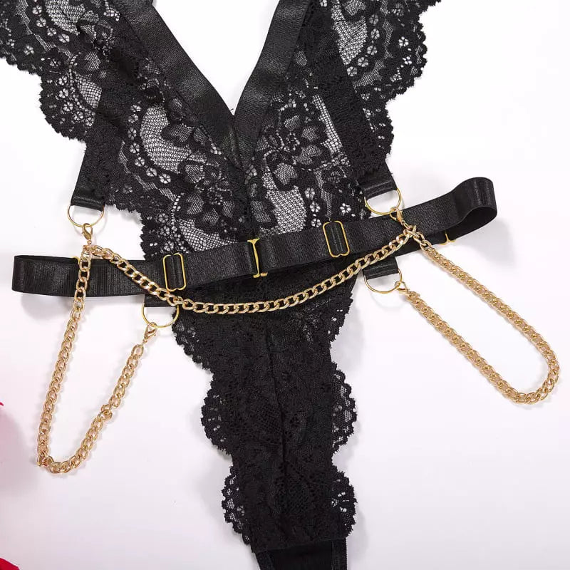 Body preto com renda floral e correntes douradas - lingerie feminina sensual