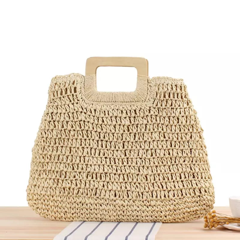 Bolsa de palha trançada com alças de madeira - bag artesanal estilo boho chic