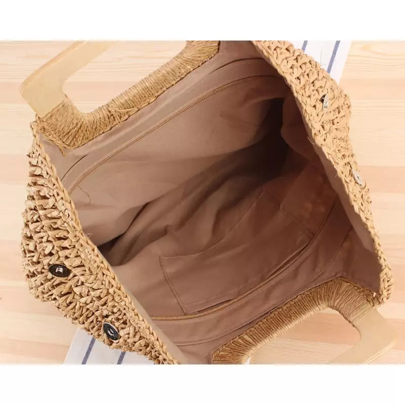 Interior bolsa palha com forro bege e compartimentos - bolsa praia funcional