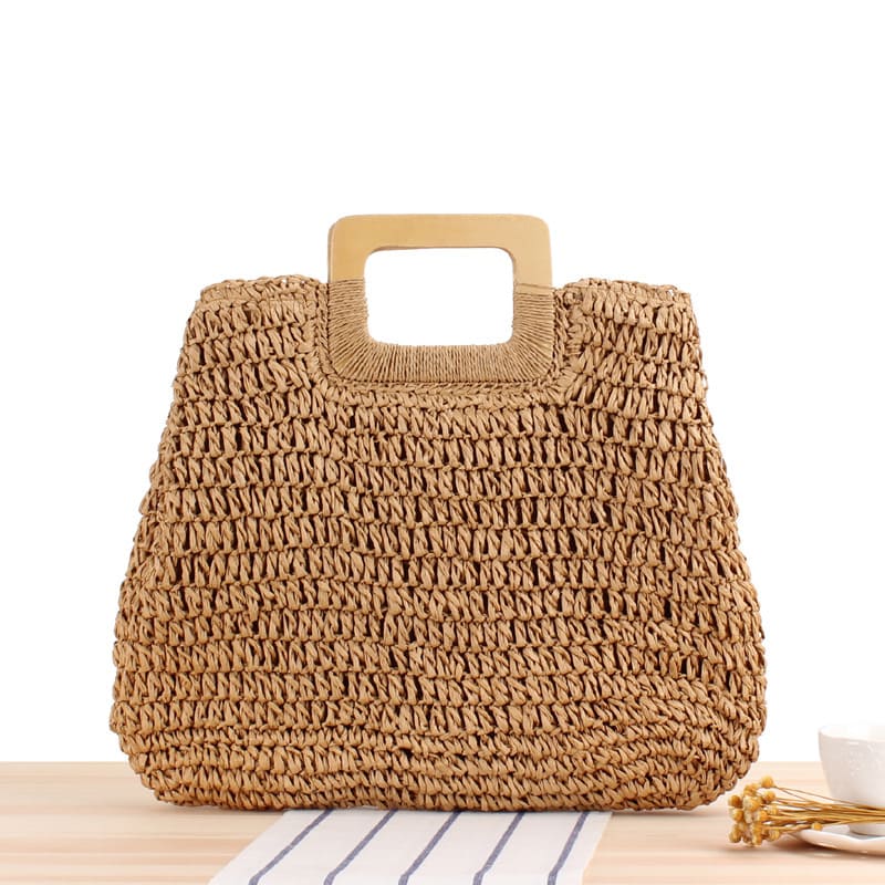 Bolsa palha natural trançada alças de madeira - bag artesanal sustentável verão
