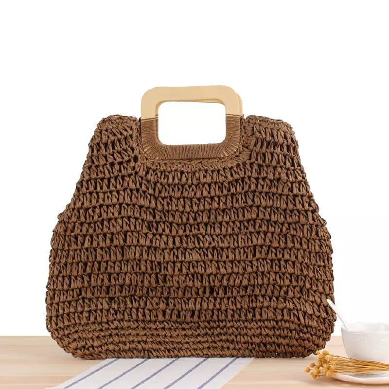 Bolsa palha marrom trançada com alças madeira - acessório natural praia e passeio