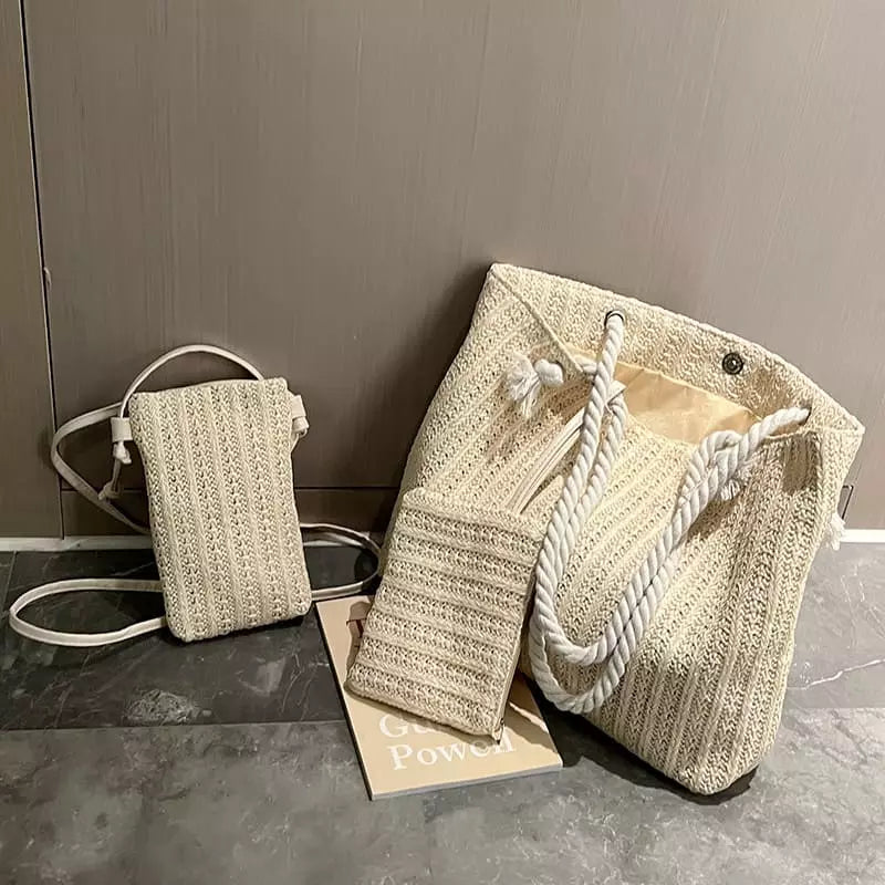 Kit bolsa de praia palha bege com necessaire e porta-celular, alças de corda branca