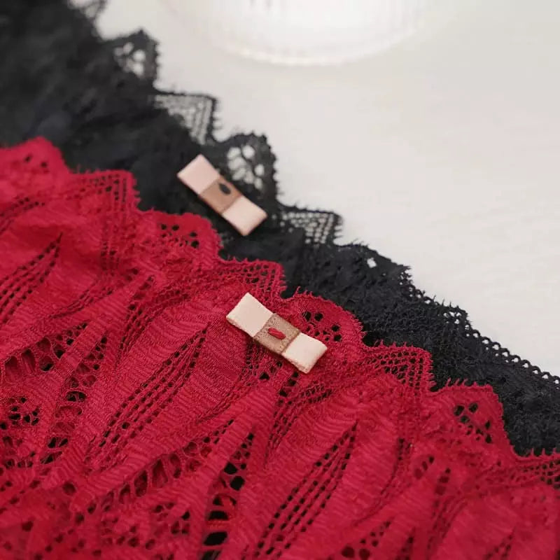 Conjunto lingerie renda vermelha e preta com laços rosé - underwear feminino