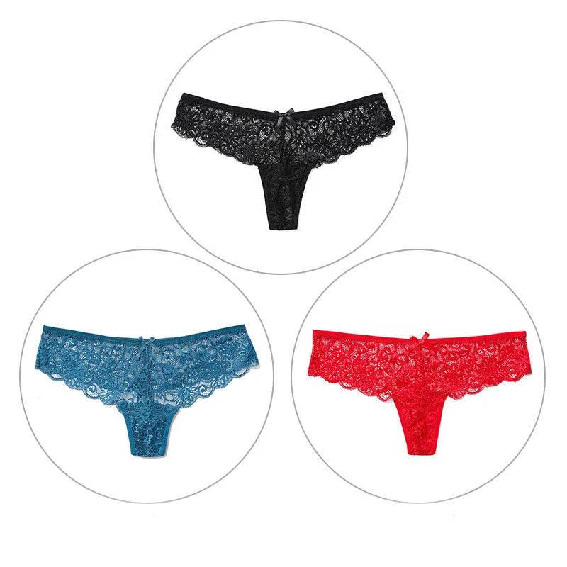 Calcinha fio dental em renda nas cores preto, azul turquesa e vermelho. Modelo sensual com laço e acabamento floral.