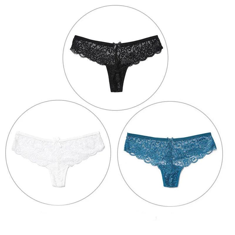 Calcinha fio dental em renda nas cores preto, azul turquesa e branco. Modelo sensual com laço e acabamento floral.