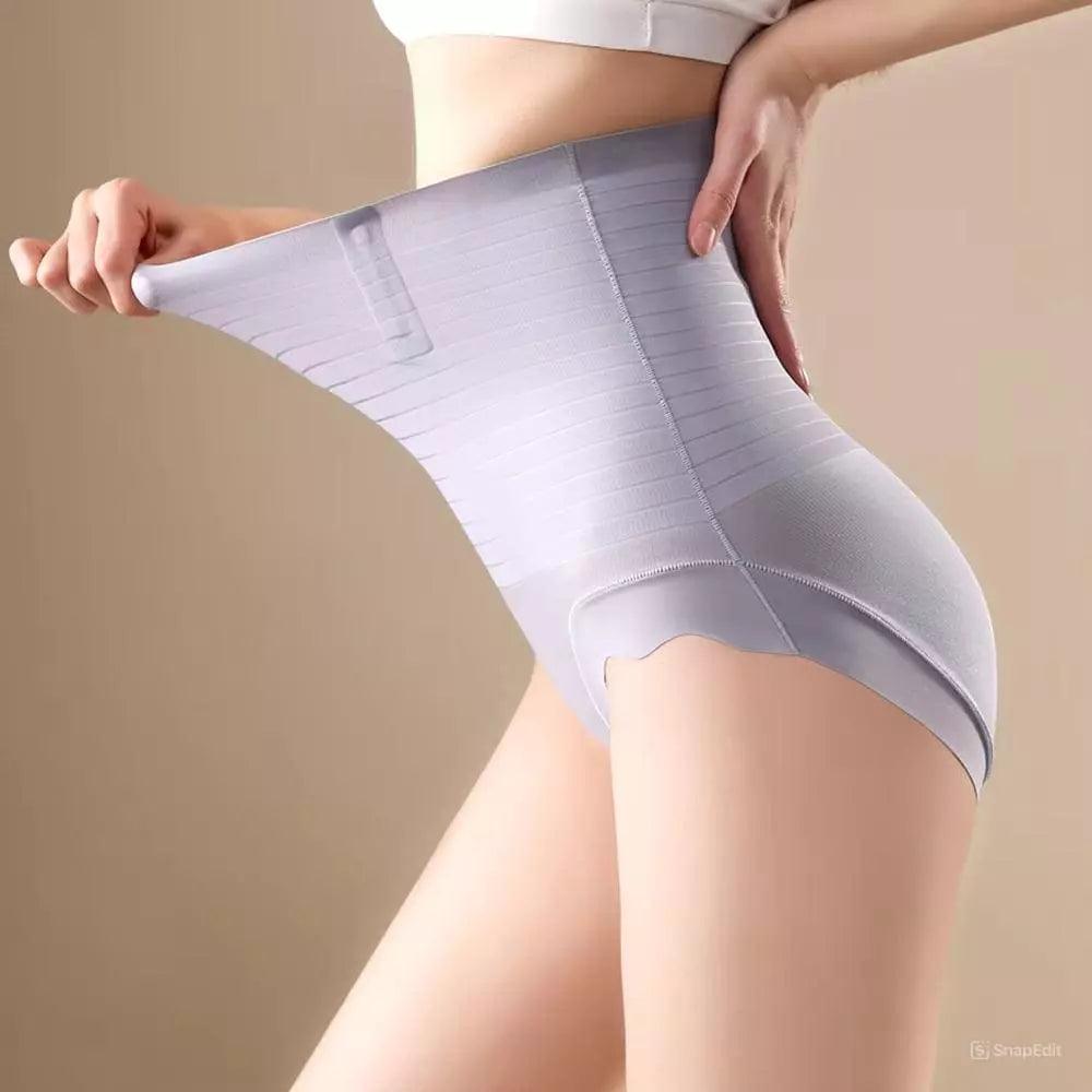 Cinta modeladora lilás com listras de compressão, tecnologia elástica para redução da barriga e costura invisível