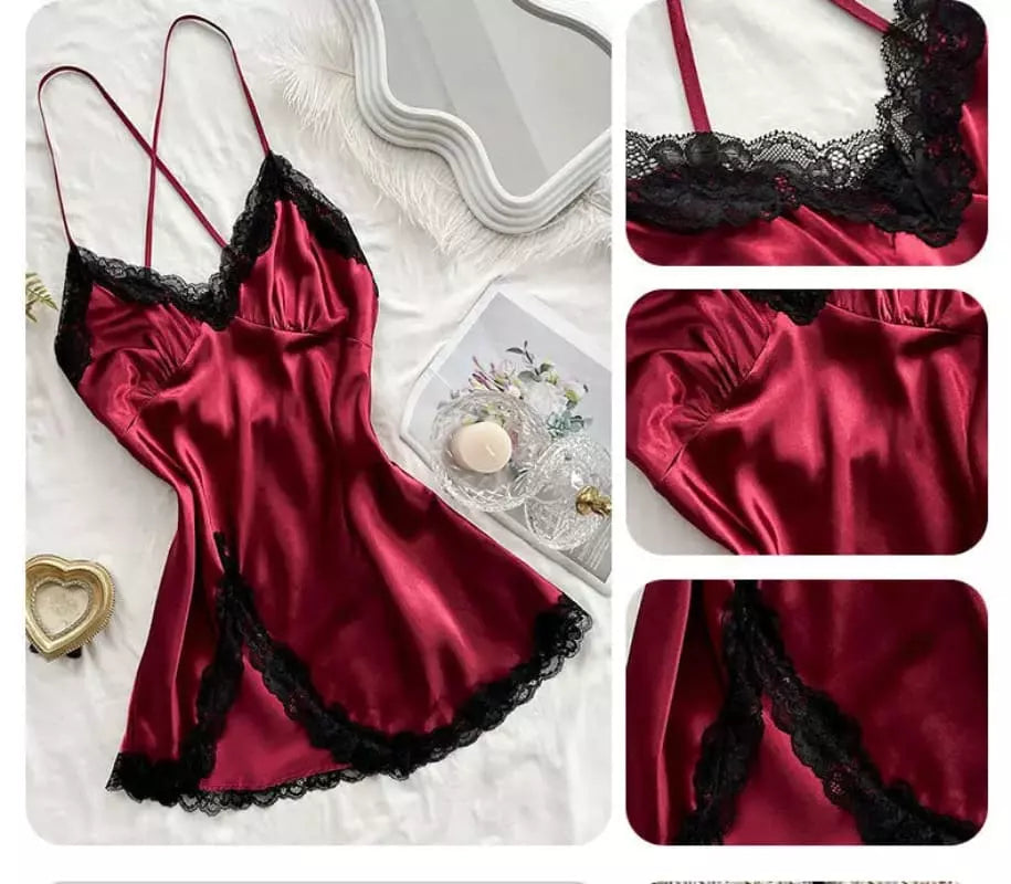 Camisola cetim vinho com renda preta, alças finas, detalhes bordados, lingerie