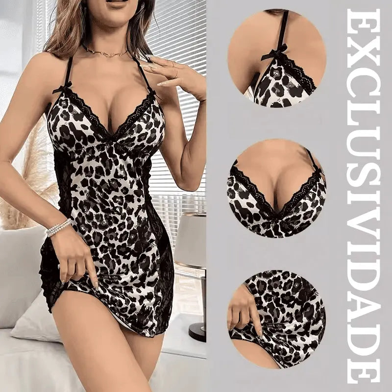 Camisola animal print leopardo com renda preta detalhes lingerie feminina sensual