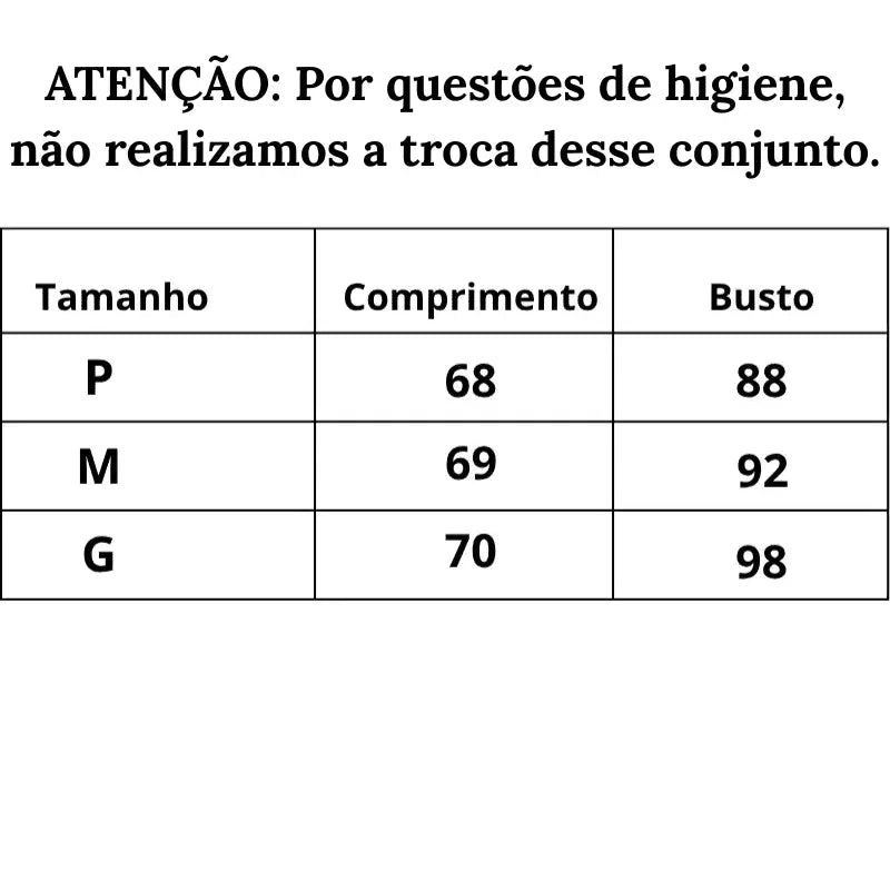 Tabela de Medidas do P ao G Camisola Cetim Noite Glamourosa