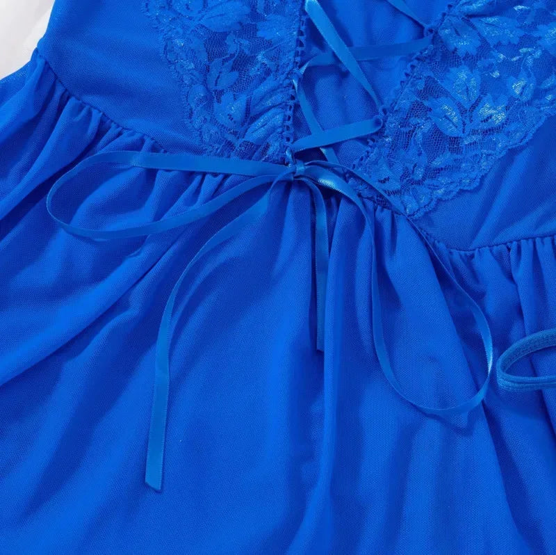 Camisola azul royal com renda e laço - lingerie feminina sedosa para dormir