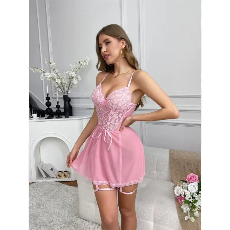 Baby doll rosa com renda e corselet ajustável - camisola feminina romântica