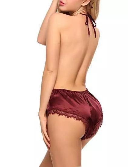 Camisola de seda vinho com barra em renda, costas nuas e amarração no pescoço