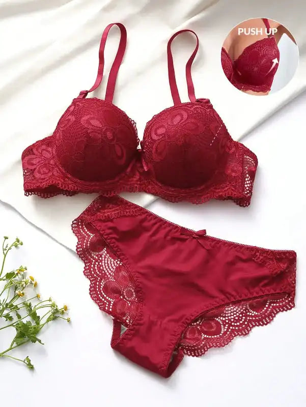 Conjunto lingerie vermelha push-up sutiã com bojo calcinha renda floral íntima feminina