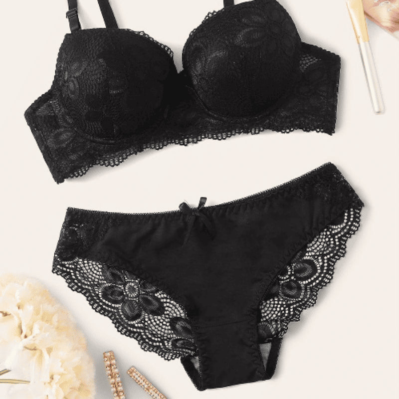 Conjunto lingerie preta rendada sutiã push-up calcinha com renda floral íntima feminina
