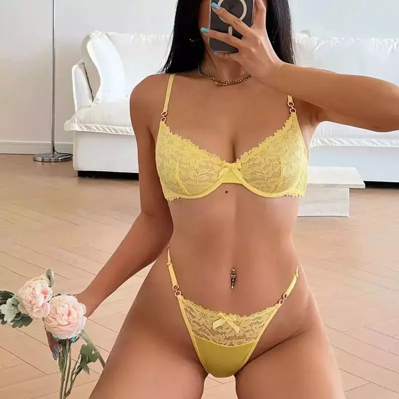 Conjunto lingerie amarela renda com sutiã push-up e calcinha - lingerie feminina delicada