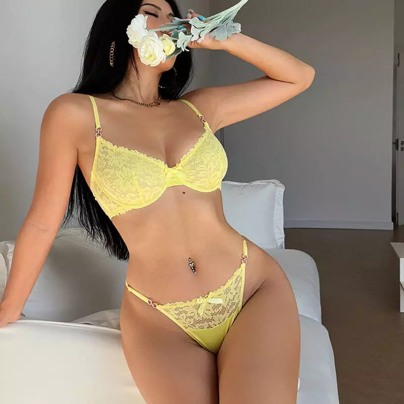 Sutiã push-up amarelo renda com calcinha - conjunto lingerie feminina cor vibrante