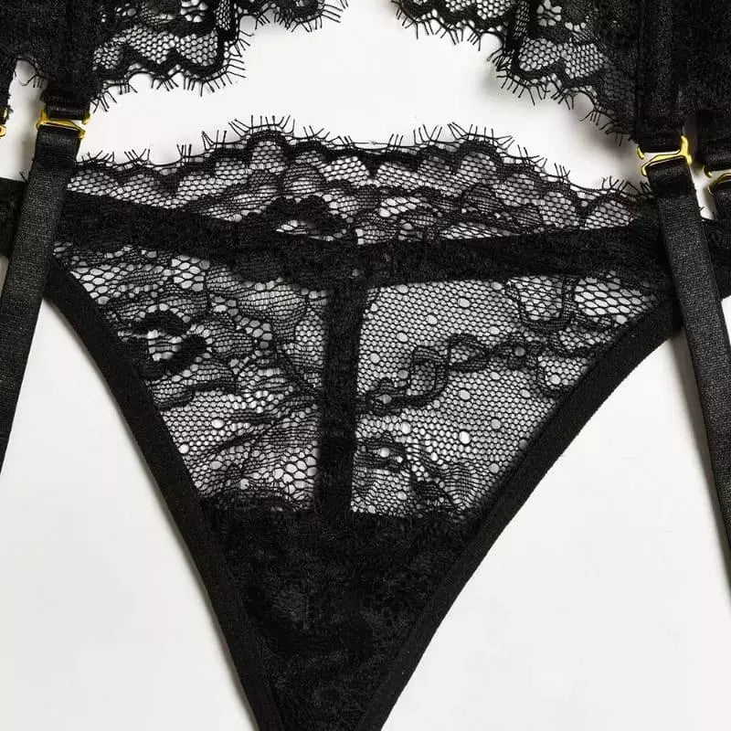 Calcinha preta renda floral com tiras laterais e detalhes dourados - lingerie feminina