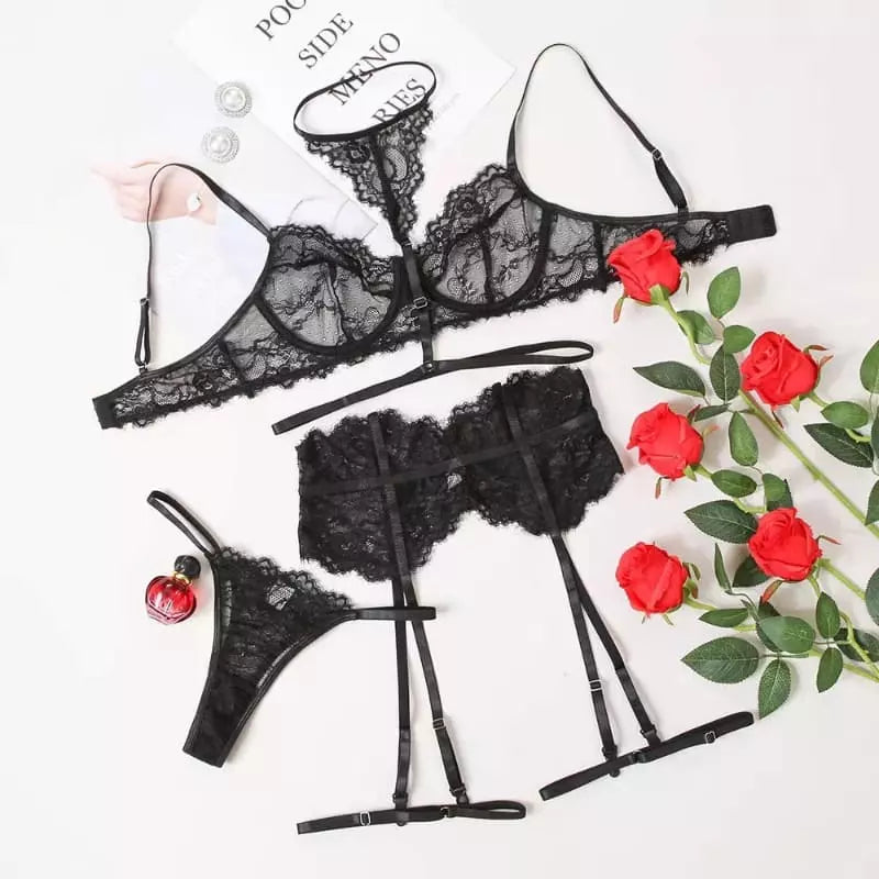 Conjunto lingerie preta renda com sutiã, calcinha e cinta-liga - lingerie sexy feminina