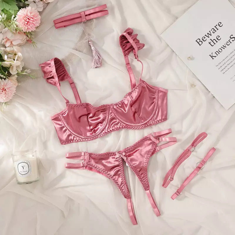 Conjunto lingerie rosa cetim com laços e babados, sutiã e calcinha sexy feminina