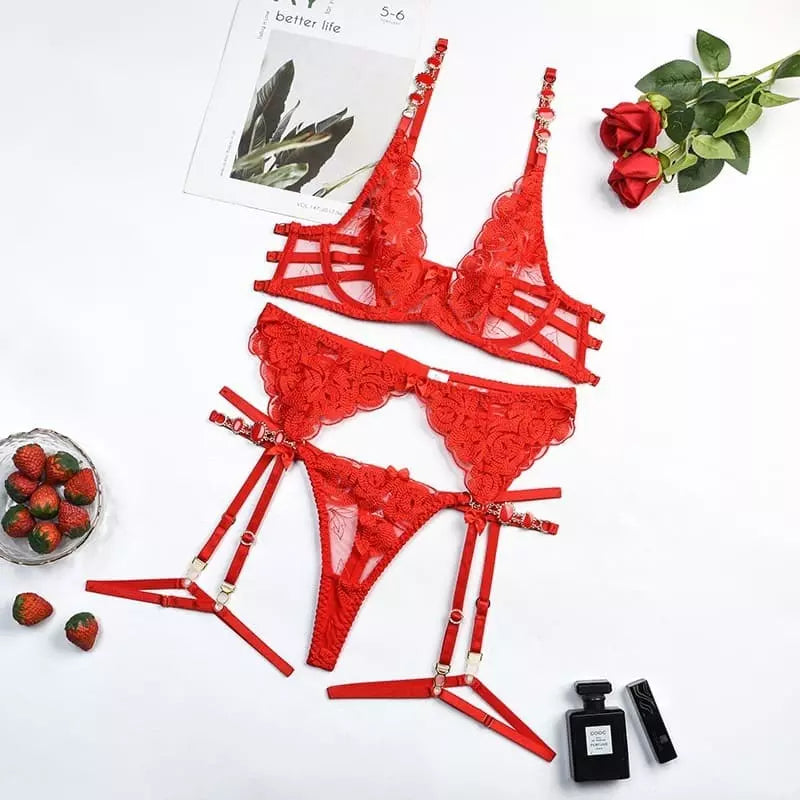 Conjunto lingerie vermelha renda com sutiã strappy e cinta-liga - lingerie gótica feminina