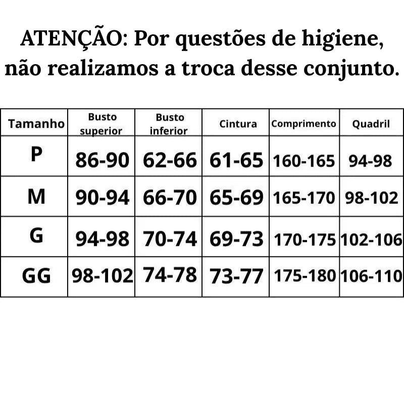 Tabela de medidas Lingerie Sedução elegante do P ao GG