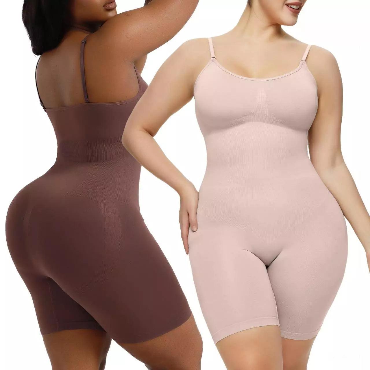 Cinta modeladora plus size feminina em rosa e marrom, tecido compressivo, alças ajustáveis, ideal para uso diário.