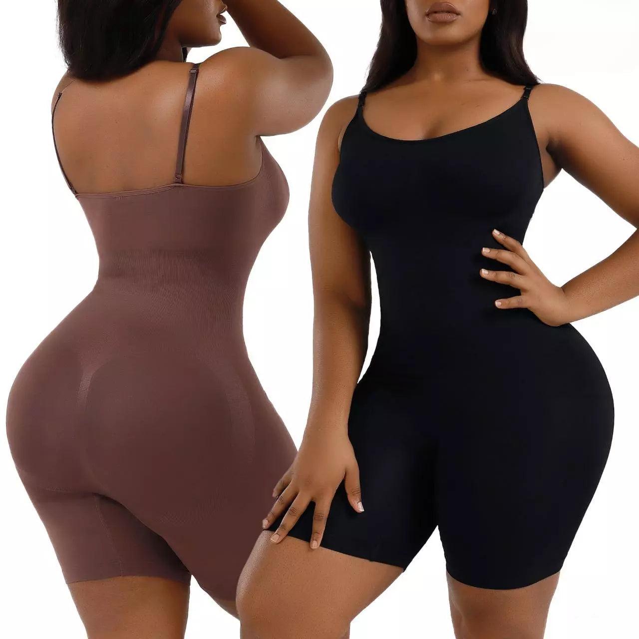 Modelador corporal feminino sem costura em marrom e preto, alças finas, compressão moderada, ideal para looks justos.