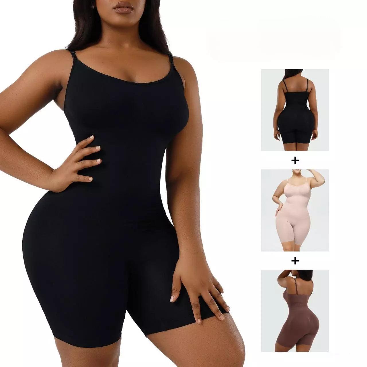 Body modelador plus size em três cores: preto, nude e marrom. Alças finas e tecido compressivo para modelar curvas.