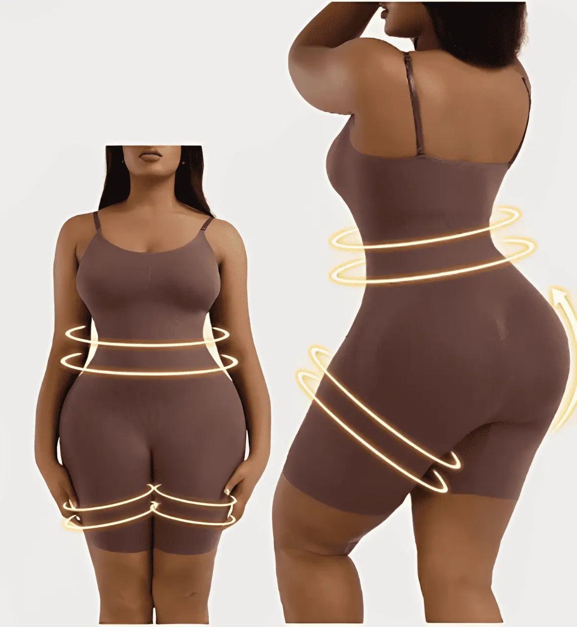 Macacão modelador marrom com zonas de compressão na cintura e coxas, design plus size com alças ajustáveis.