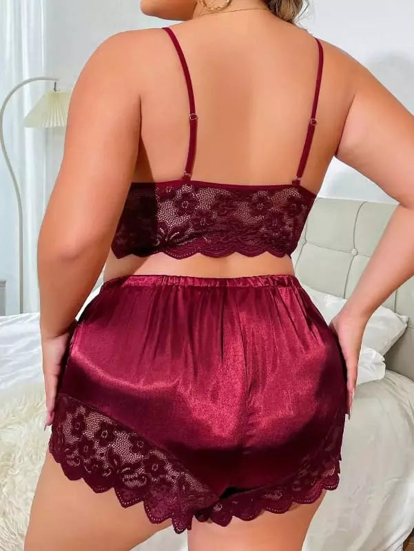 Conjunto lingerie burgundy renda cetim sutiã costas calcinha plus size feminina