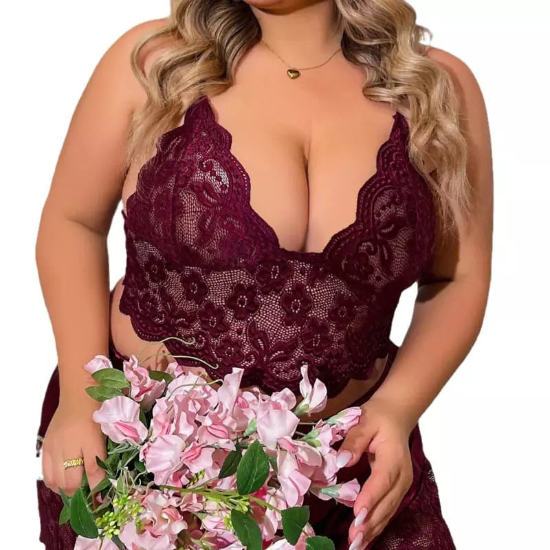 Lingerie burgundy renda floral plus size decote profundo feminina sensual