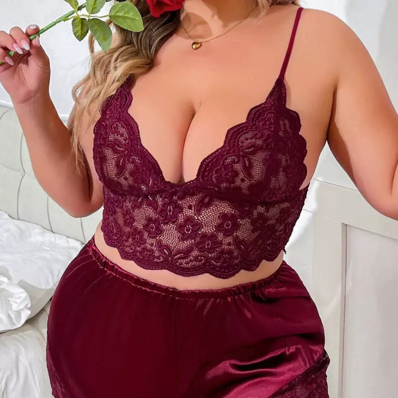 Sutiã renda burgundy decote profundo alças finas plus size lingerie feminina