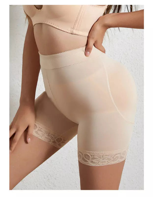Shorts modelador feminino bege com renda, cintura alta, shapewear para corpo definido