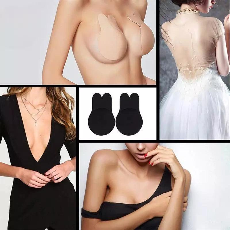 Sutiã adesivo invisível em looks decotados e transparentes, imagens demonstrando uso com vestido preto, branco e tomara que caia.
