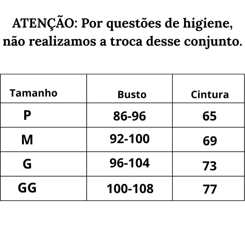 Tabela de Medidas Body sensual Encanto Intimista do P ao GG