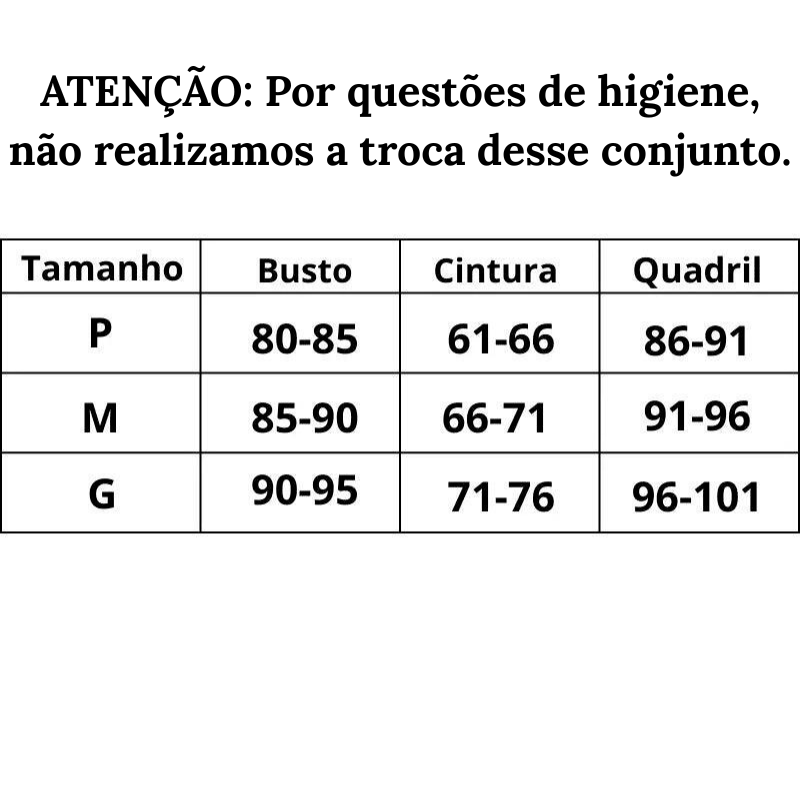 Tabela de Medidas Bíquini Cores do Verão do P ao G