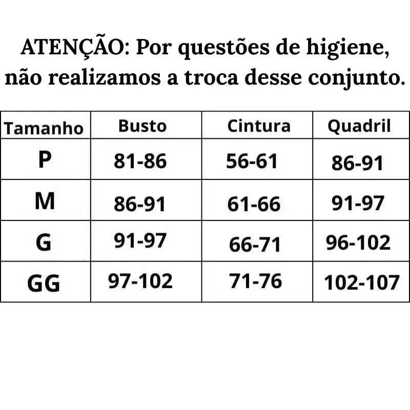 Tabela de Medidas Biquini Monocromático Diva do P ao GG