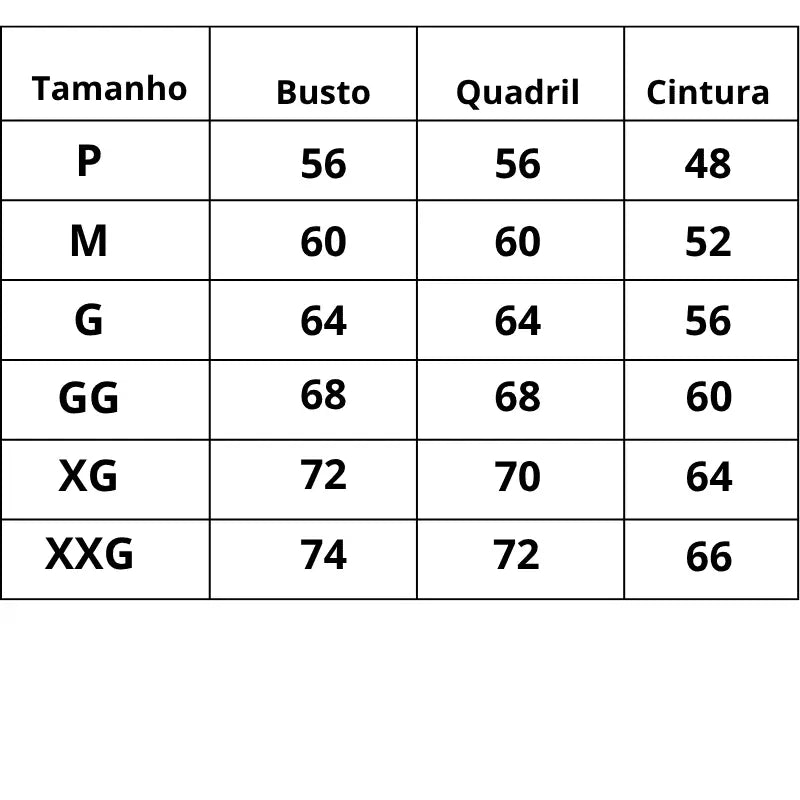 Tabela de Medidas Body Modelador Manga Longa Luxe do P ao XXG