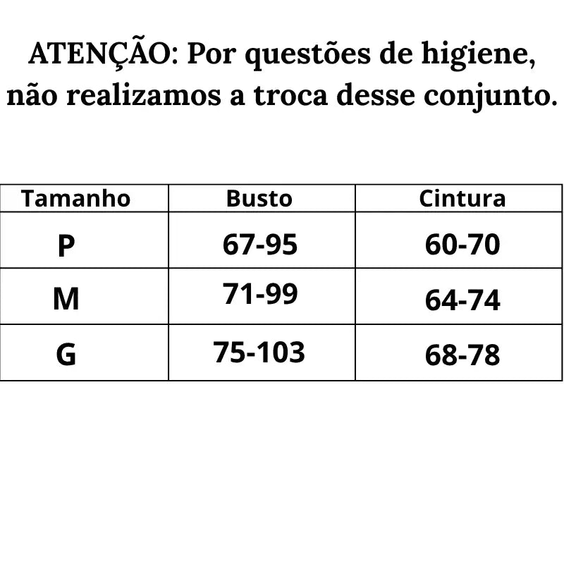 Tabela de Medidas Body Sensual Chama Interna do P ao G