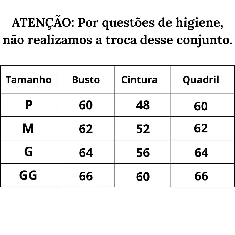 Tabela de Medidas Body Sensual Olhar Fatal do P ao GG