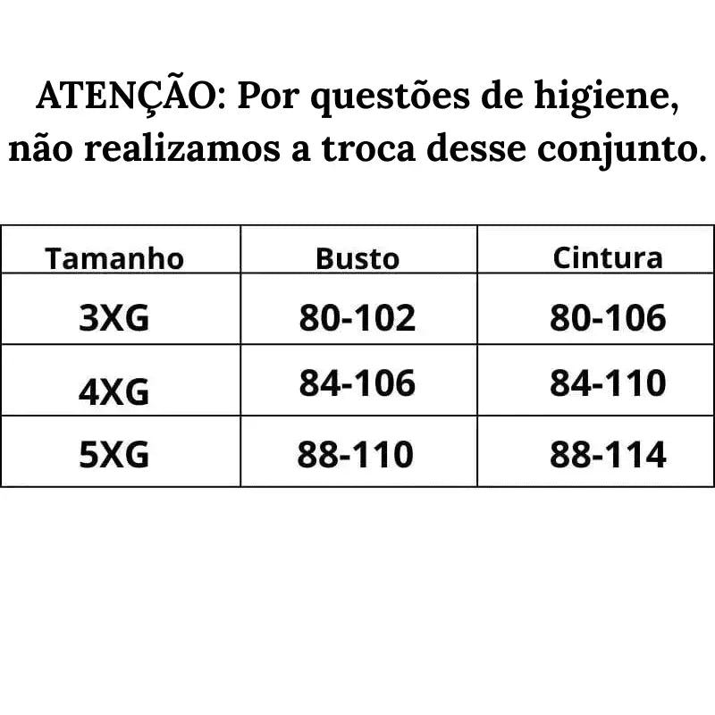 Tabela de medidas Body Sensual Plus Size Up do 3XG ao 5XG