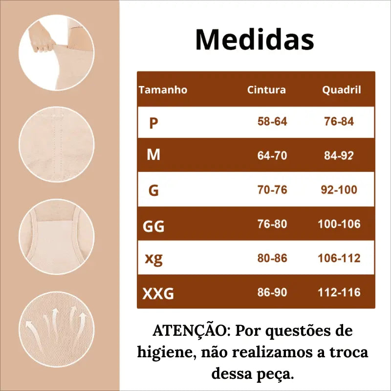 Tabela de Medidas Calcinha modeladora Tummy For do P ao XXG