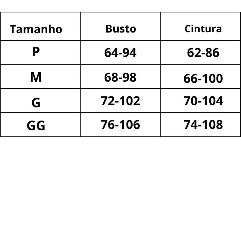 Tabela de Medidas Camisola Deusa da Paixão do P ao GG