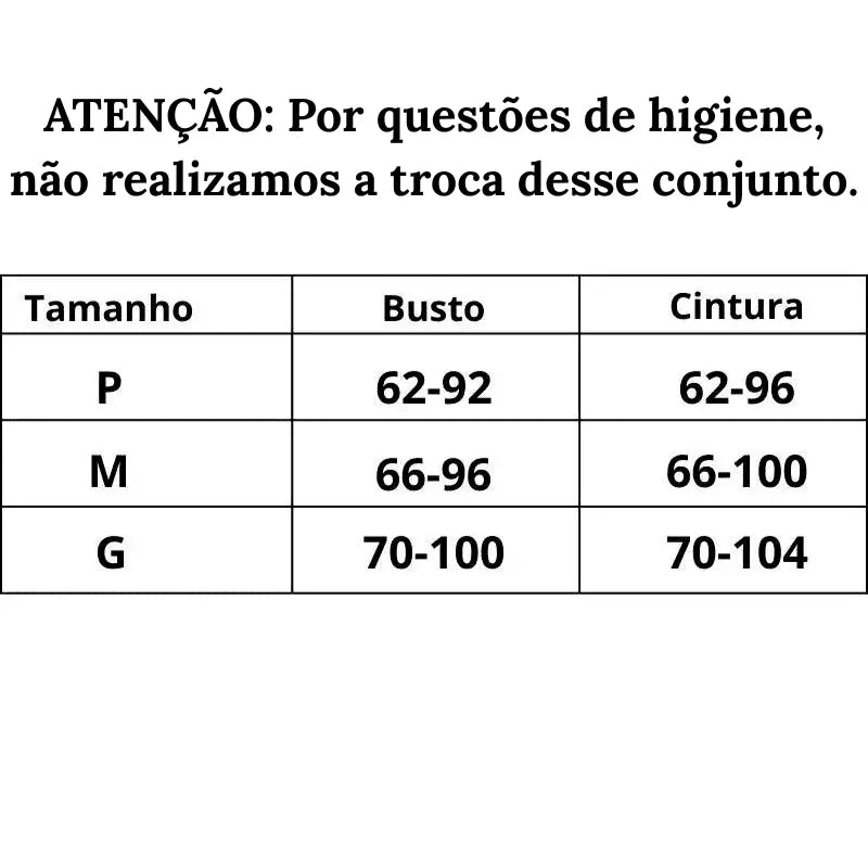 Tabela de medidas Conjunto Flor de Desejo do P ao G