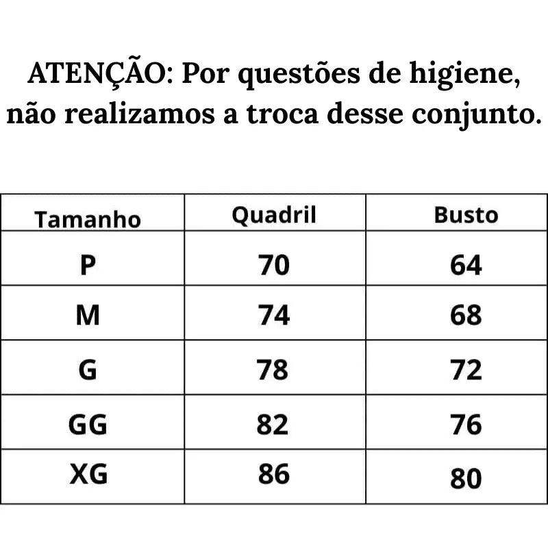Tabela de Medidas Conjunto Lingerie Mistério e Elegância do P ao XG