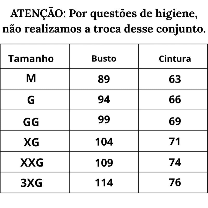 Tabela de Medidas Conjunto Plus Size Essencial do P ao 3XG